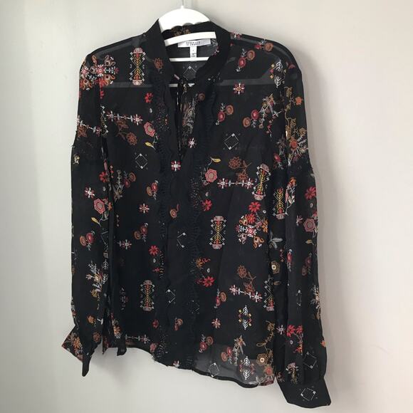 Derek Lam 10 Crosby black silk blouse Aztec floral print 4 long sleeve v neck - Picture 1 of 12